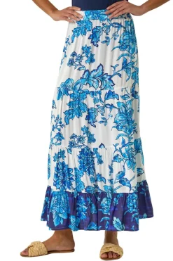 Roman Blue Contrast Floral Tiered Skirt