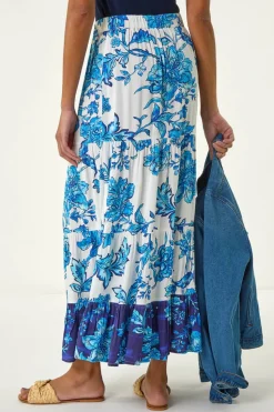 Roman Blue Contrast Floral Tiered Skirt
