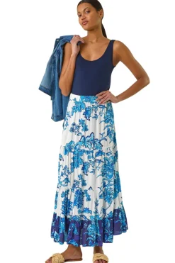 Roman Blue Contrast Floral Tiered Skirt