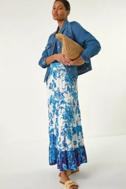 Roman Blue Contrast Floral Tiered Skirt