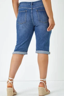 Roman Blue Curve Stretch Knee Length Denim Shorts