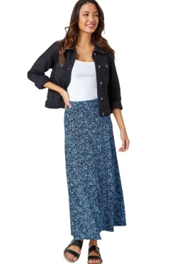 Roman Blue Ditsy Floral Elastic Waist A Line Midi Skirt