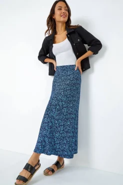 Roman Blue Ditsy Floral Elastic Waist A Line Midi Skirt