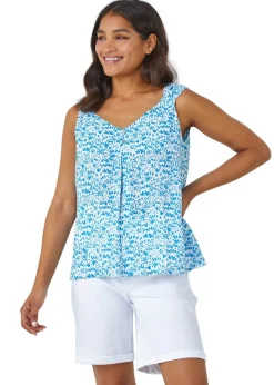 Roman Blue Ditsy Print Pleat Front Cami Top