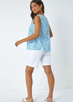 Roman Blue Ditsy Print Pleat Front Cami Top