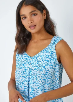 Roman Blue Ditsy Print Pleat Front Cami Top