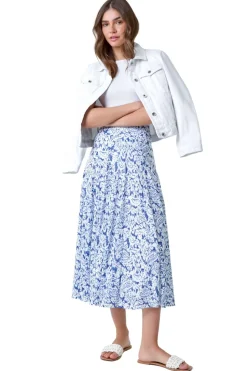 Roman Blue Elastic Waist Paisley A Line Midi Skirt