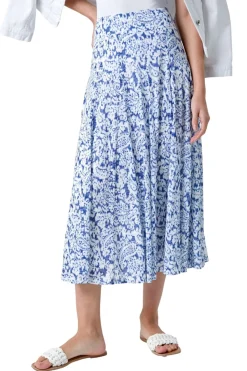 Roman Blue Elastic Waist Paisley A Line Midi Skirt