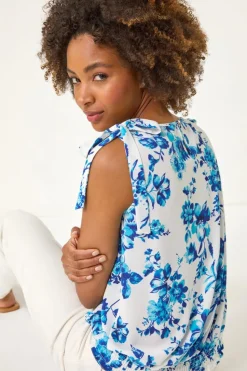 Roman Blue Floral Print Bow Detail Stretch Top
