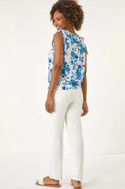 Roman Blue Floral Print Bow Detail Stretch Top