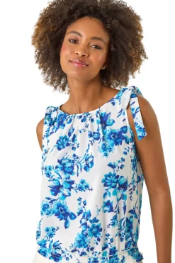 Roman Blue Floral Print Bow Detail Stretch Top