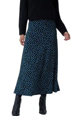 Roman Blue Floral Print Midi Stretch Skirt