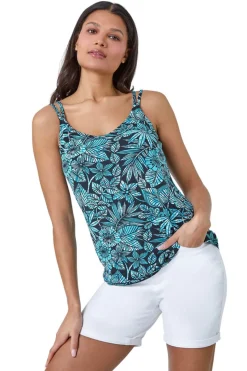 Roman Blue Floral Print Strap Detail Cami Top