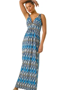 Roman Blue Geometric V-Neck Maxi Dress