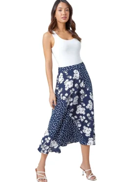Roman Blue Mixed Floral Spot Print A Line Midi Skirt