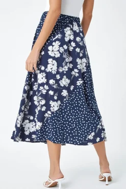 Roman Blue Mixed Floral Spot Print A Line Midi Skirt
