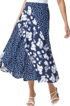 Roman Blue Mixed Floral Spot Print A Line Midi Skirt
