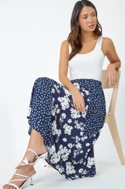 Roman Blue Mixed Floral Spot Print A Line Midi Skirt
