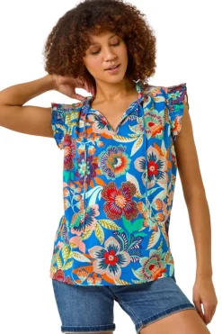 Roman Blue Mono Printed Frill Sleeve Top