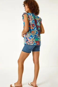 Roman Blue Mono Printed Frill Sleeve Top