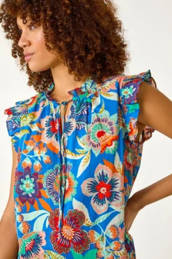 Roman Blue Mono Printed Frill Sleeve Top