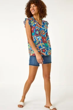 Roman Blue Mono Printed Frill Sleeve Top