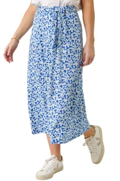 Roman Blue Petite Ditsy Floral Tie Waist Skirt