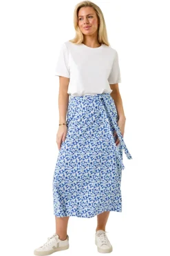 Roman Blue Petite Ditsy Floral Tie Waist Skirt