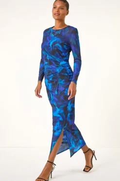 Roman Blue Printed Ruched Mesh Pencil Skirt