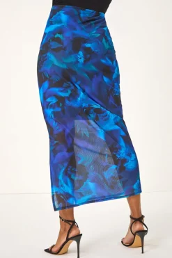 Roman Blue Printed Ruched Mesh Pencil Skirt