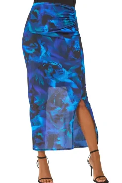 Roman Blue Printed Ruched Mesh Pencil Skirt