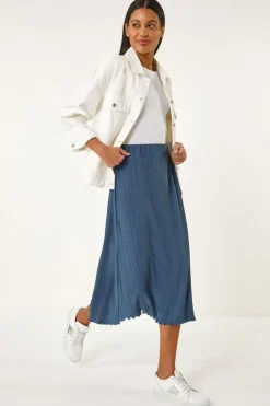 Roman Blue Textured Fluted Hem Midi Skirt