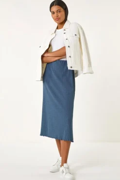 Roman Blue Textured Fluted Hem Midi Skirt
