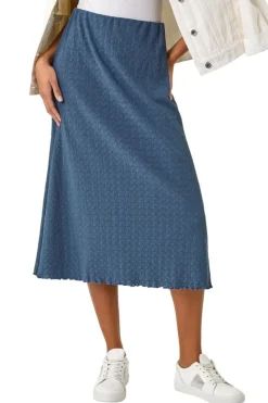 Roman Blue Textured Fluted Hem Midi Skirt