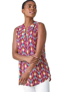 Roman Cerise Sleeveless V-Neck Floral Button Detail Top