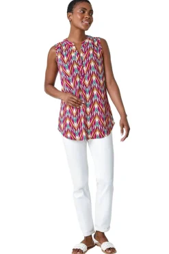 Roman Cerise Sleeveless V-Neck Floral Button Detail Top