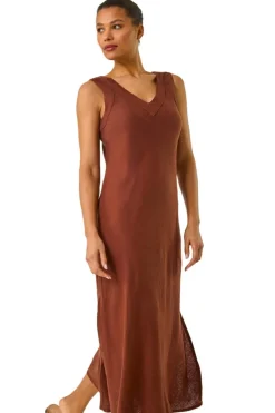 Roman Chocolate Bias Linen Mix Midi Dress