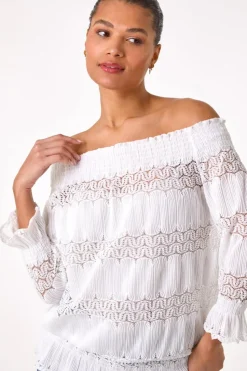 Roman Cream Lace Insert Frill Bardot Top