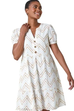 Roman Cream Zig-Zag Embroidered Cotton Tunic Dress
