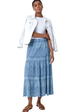 Roman Denim Broderie Elastic Waist A Line Tiered Midi Skirt