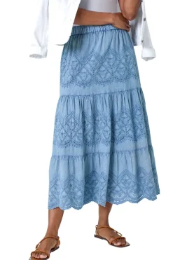 Roman Denim Broderie Elastic Waist A Line Tiered Midi Skirt