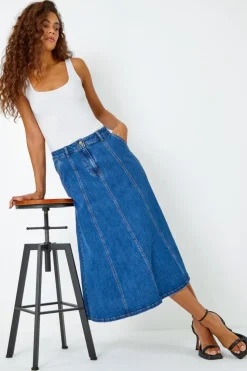 Roman Denim Cotton Denim Panelled Midi Skirt