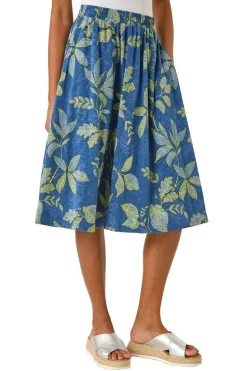 Roman Denim Leaf Print A-Line Skirt