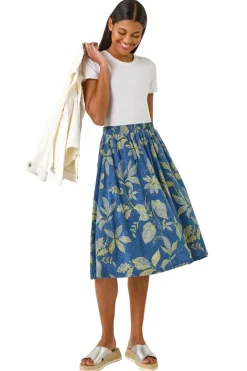 Roman Denim Leaf Print A-Line Skirt