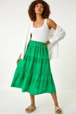 Roman Green Broderie Cotton A Line Midi Skirt