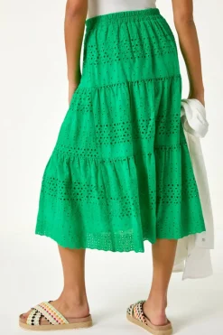 Roman Green Broderie Cotton A Line Midi Skirt