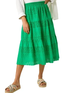 Roman Green Broderie Cotton A Line Midi Skirt