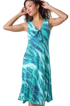 Roman Green Burnout Abstract Knot Front Stretch Dress