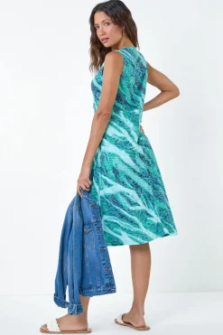 Roman Green Burnout Abstract Knot Front Stretch Dress