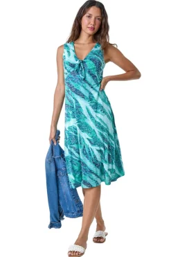 Roman Green Burnout Abstract Knot Front Stretch Dress